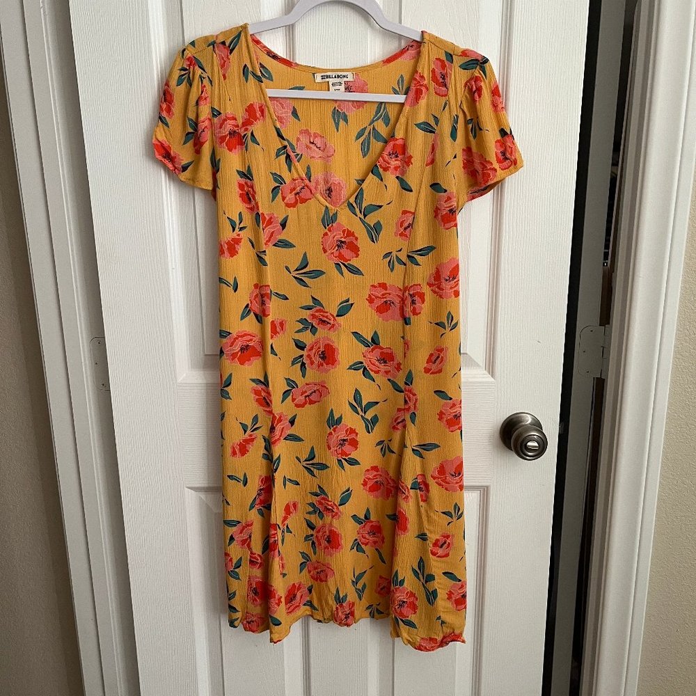 Billabong Yellow Floral V-Neck Tie Dress Small